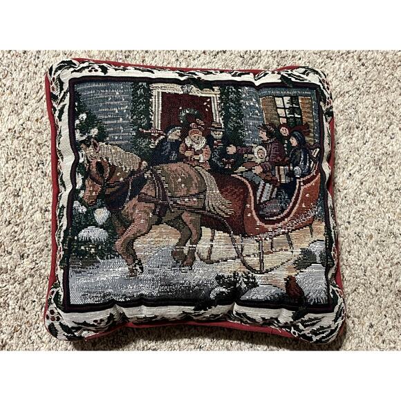 Unbranded Other - Christmas Tapestry Accent Pillow Sleigh  Vtg Horse People Kids Snow Holly 12"